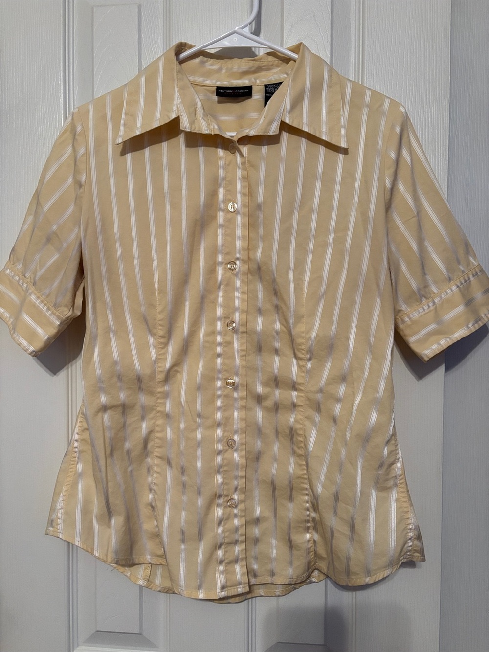 New York & Company Striped Button Down in Butter Yellow & White